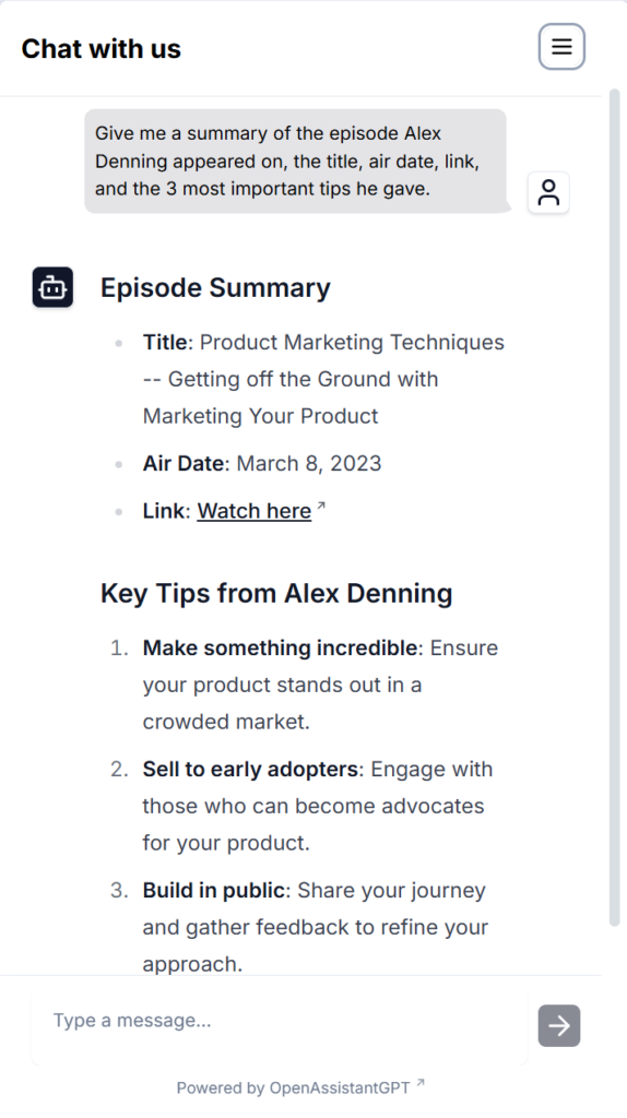 Chat interface showing a summary of an episode featuring Alex Denning discussing "Product Marketing Techniques." It aired on March 8, 2023, with tips including creating standout products, engaging early adopters, and building publicly.