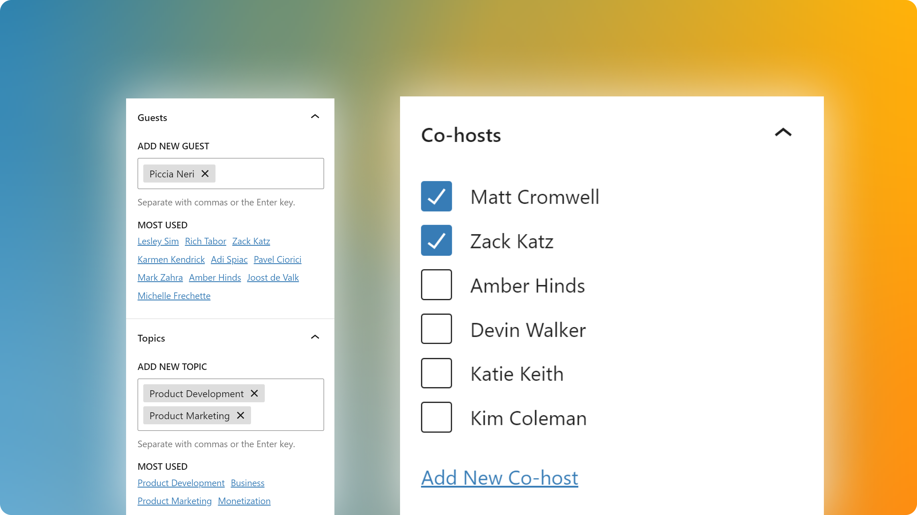 The Guests and Topics settings showing a single text field that adds multiple "Guests" like tags. And the Co-hosts setting which is a checkbox list.